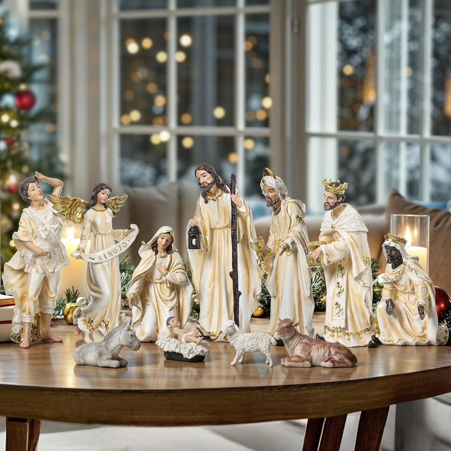 Nativity Scene Set with LED Lights,15.3" Resin Holy Family Character Stables Sculpture Manger Figurine for Indoor Tabletop Fireplace Christmas Decorations