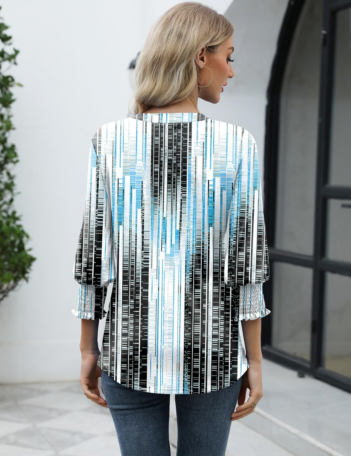 LOMON Blouses for Women Dressy Casual 3/4 Sleeve Tops for Women V Neck T Shirt Ladies Tops and Blouses Orange Blue Print L