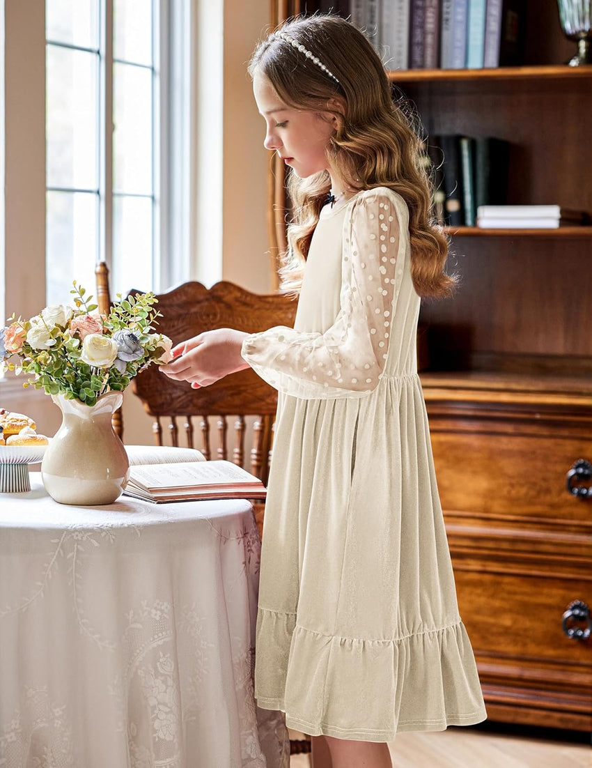 Arshiner Girls Dresses Contrast Mesh Velvet Long Sleeve A-Line Vintage Party Dress with Pockets