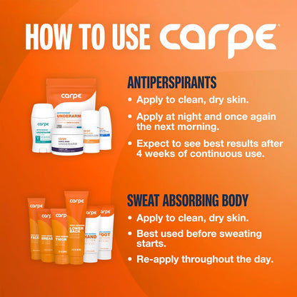Carpe Sweat Absorbing Underarm, Hand & Foot Lotion Bundle, Head to Toe Sweat Protection for Hands, Feet, and Underarm, Dermatologist Recommended