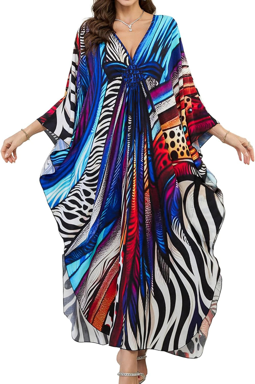 Women Kaftan Dresses Plus Size V-Neck Batwing Sleeves Beach Cover Up 2025 Summer Floral Print Caftan Dress