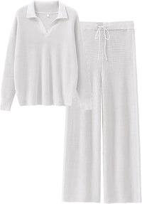 ANRABESS Women Two Piece Outfits Sweater Sets Lounge Waffle Knit Pullover Matching Wide Leg Pants Tracksuit 2025 Fall Fashion