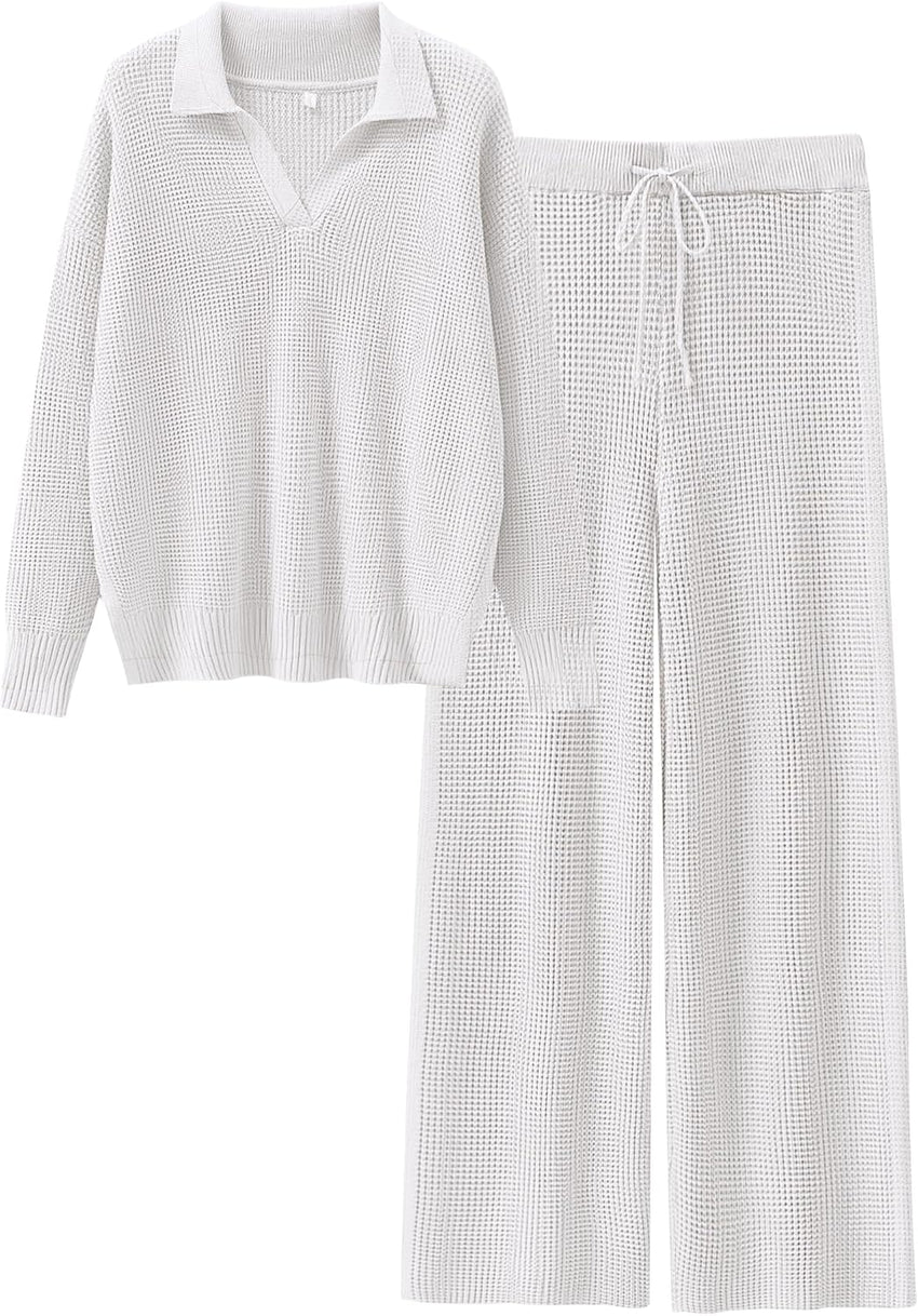 ANRABESS Women Two Piece Outfits Sweater Sets Lounge Waffle Knit Pullover Matching Wide Leg Pants Tracksuit 2025 Fall Fashion