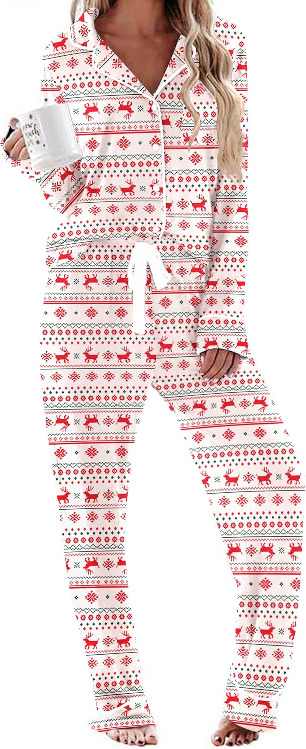 Ekouaer Women's Pajamas Long Sleeve Sleepwear Casual Button Down Loungewear Soft Pjs Set S-XXL