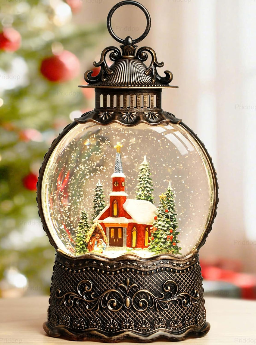 Train Snow Globe Christmas Snow Globe Lantern with Auto 6H Timer and Manual Glitter, Lighted Christmas Decorations Indoor with Santa Claus Reindeer Tree for Home Tabletop, Battery Operated
