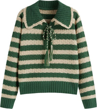 CIDER Striped Sweaters for Women Collar Knit Long Sleeve Knotted Loose Fit Pullover Winter Sweater Fall Tops