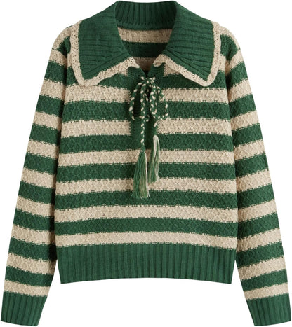 CIDER Striped Sweaters for Women Collar Knit Long Sleeve Knotted Loose Fit Pullover Winter Sweater Fall Tops