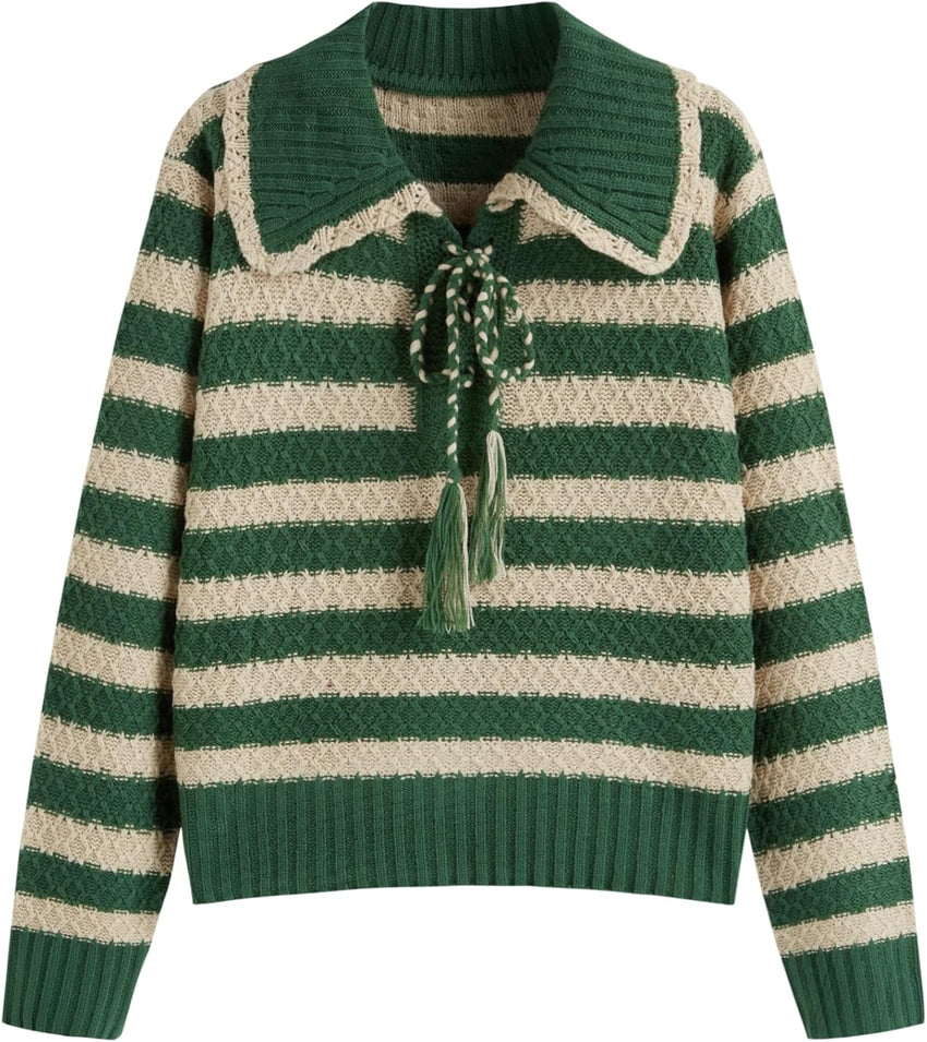 CIDER Striped Sweaters for Women Collar Knit Long Sleeve Knotted Loose Fit Pullover Winter Sweater Fall Tops