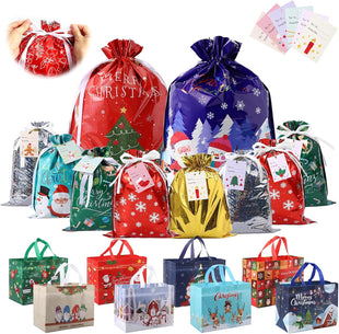 PARTTELY 30 Pack Drawstring Christmas Gift Bags Assorted Sizes Reusable Christmas Tote Bags Gifts Wrapping (22 Pack Drawstring Bags 8 Pack Tote Bags)