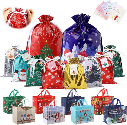 PARTTELY 30 Pack Drawstring Christmas Gift Bags Assorted Sizes Reusable Christmas Tote Bags Gifts Wrapping (22 Pack Drawstring Bags 8 Pack Tote Bags)