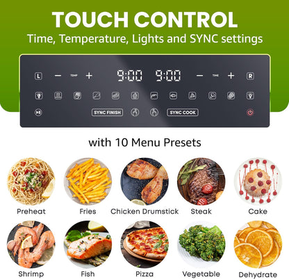 Elite Gourmet EAF1055D Dual Zone Air Fryer Oven, 11QT. Capacity with Divider, Sync Finish, Dishwasher Safe Basket, 10 Preset Functions, 1600-Watts, with Recipe Booklet, Black