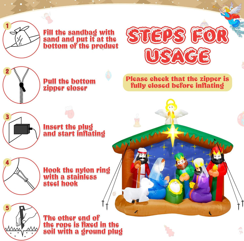 8FT Christmas Inflatables Nativity Scene, Blow Up Christmas Nativity Scene, LED Lighted The Birth of Jesus Scene Inflatables Decor, Christmas Outdoor Inflatable Decor for Xmas Yard Lawn Patio