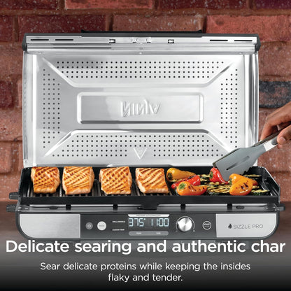Ninja Sizzle Pro XL 20-Inch Indoor Griddle + Grill, Detachable Ventilated Lid, Grease Control, Ceramic Nonstick Plates, Even Edge-to-Edge Cooking, Extra Large Capacity, Versatile, Silver, GX101