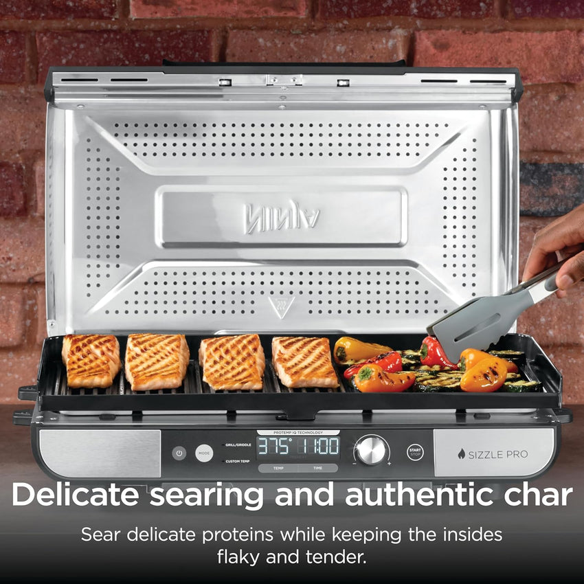 Ninja Sizzle Pro XL 20-Inch Indoor Griddle + Grill, Detachable Ventilated Lid, Grease Control, Ceramic Nonstick Plates, Even Edge-to-Edge Cooking, Extra Large Capacity, Versatile, Silver, GX101