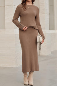 Arach&Cloz Women's Wool Blend Sweater 2 Piece Sets Winter Business Long Sleeve Top Midi Skirts Outfits 2025