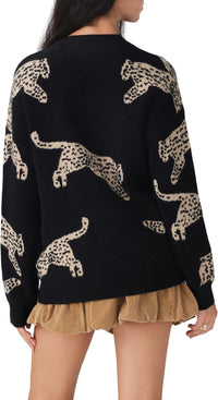 CIDER Womens Leopard Crew Neck Long Sleeve Boho Knit Sweater Casual Pullover Fall Sweater