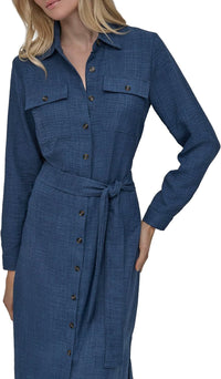 DKNY Womens Long Sleeve Collared Tie Midi Shirtdress