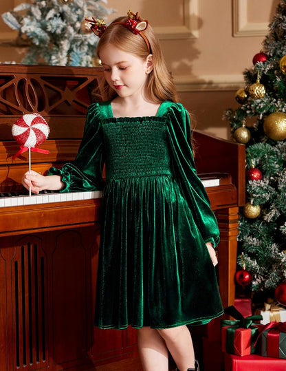Arshiner Toddler Velvet Dress Girls Smocked Square Neck Puff Long Sleeve Party Dresses with Pockets 3-8Y