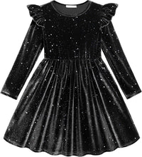 Arshiner Toddler Velvet Dress Little Girls Fall Winter Long Sleeve Ruffle Holiday Birthday Party Dresses with Pockets