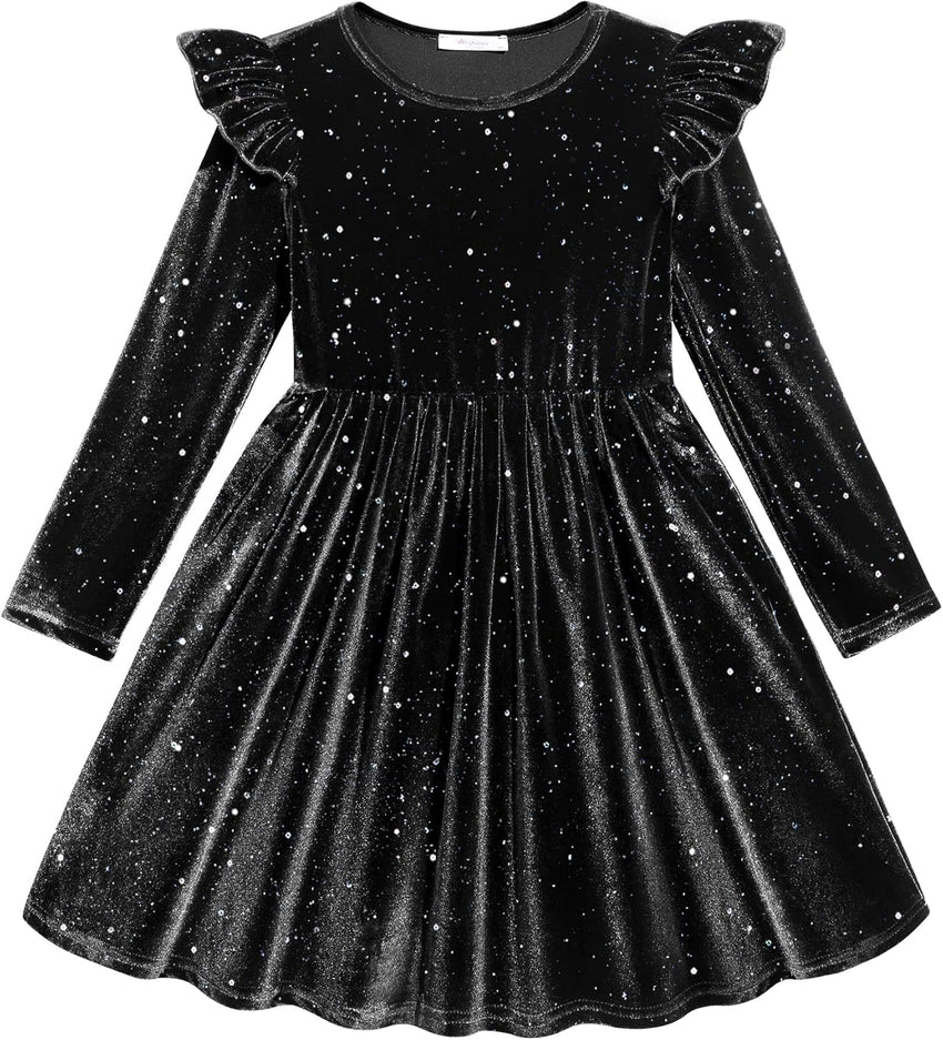 Arshiner Toddler Velvet Dress Little Girls Fall Winter Long Sleeve Ruffle Holiday Birthday Party Dresses with Pockets