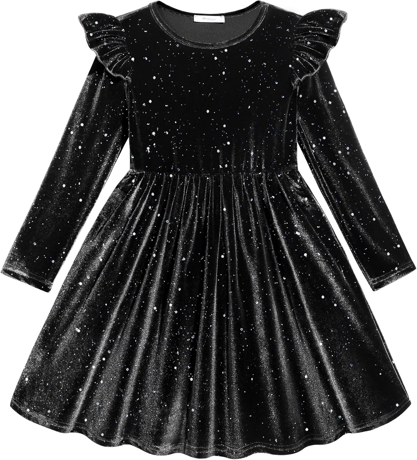 Arshiner Toddler Velvet Dress Little Girls Fall Winter Long Sleeve Ruffle Holiday Birthday Party Dresses with Pockets