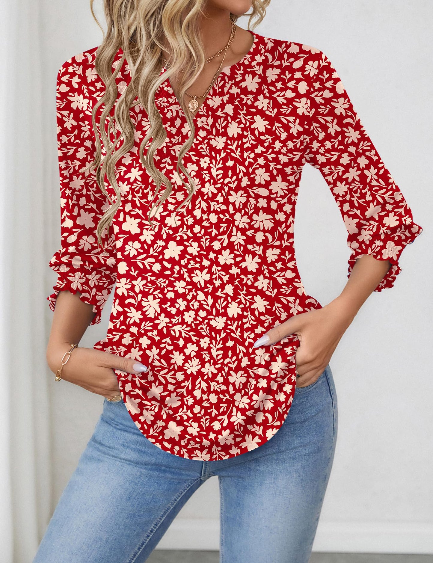 LOMON Blouses for Women Dressy Casual 3/4 Sleeve Tops for Women V Neck T Shirt Ladies Tops and Blouses Orange Blue Print L