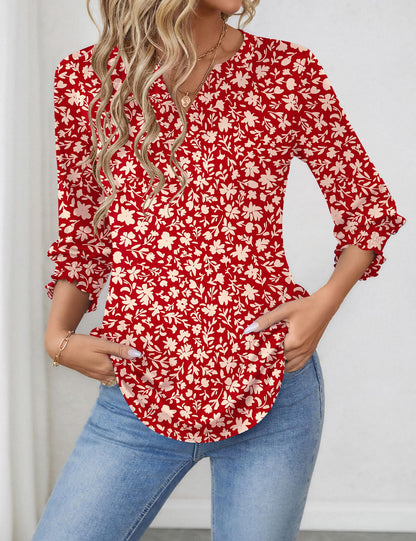 LOMON Blouses for Women Dressy Casual 3/4 Sleeve Tops for Women V Neck T Shirt Ladies Tops and Blouses Orange Blue Print L