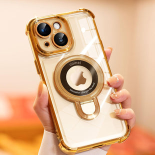 iPhone 15 Case with Integrated Lens Protection, [Foldable Stand & Ring Holder] [Compatible with Magsafe], Glossy Shockproof Bumper Stylish Women Case for iPhone 15, Gold