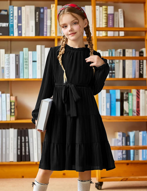 Arshiner Girls Long Sleeve Dress Tween Fall Formal Party Holiday Midi Tiered Flowy Swing Dresses with Belt 5-13 Y
