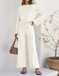ZESICA Women's 2 Piece Outfits Set 2025 Casual Long Sleeve Knit Pullover Top and Wide Leg Pants Sweatsuit Lounge Sets