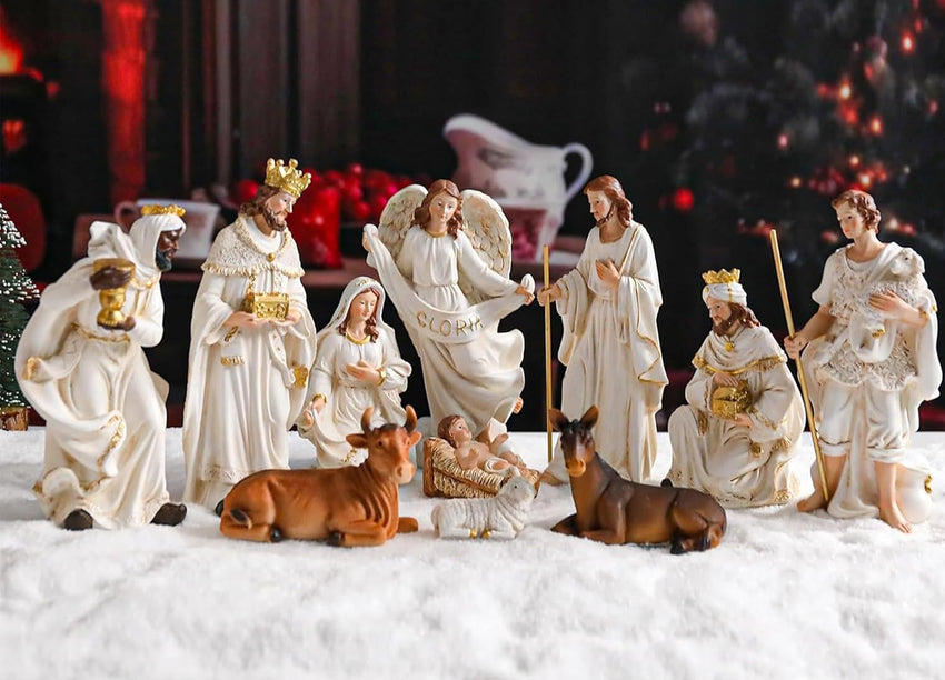 Yinns 9.8 Inch Christmas Nativity Sets, Light Up Nativity Scene Indoor, Manger Nativity Scene Figures Set Holy Family Christmas Tabletop Decotation