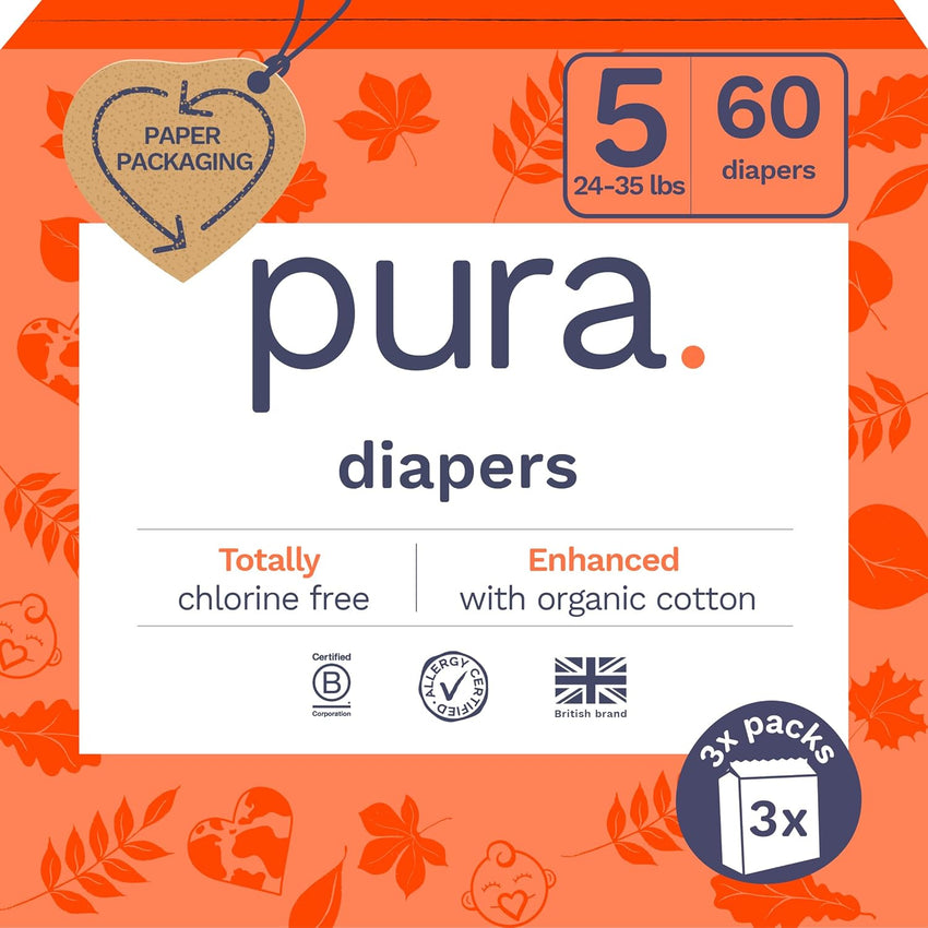 Pura Size 6 Eco-Friendly Diapers (29+ lbs) Hypoallergenic, Soft Organic Cotton, Sustainable, up to 12 Hours Leak Protection, Allergy UK, Recyclable Paper Packaging, 18 Count (Pack of 3) (54 Diapers)