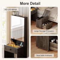 Makeup Vanity Desk with Mirror and Lights,Small Vanity Desk Set with Charging Station & Glass Top,Compact Dressing Table with Jewelry Cabinet & Storage Wheel Stool for Bedroom, Rustic Brown