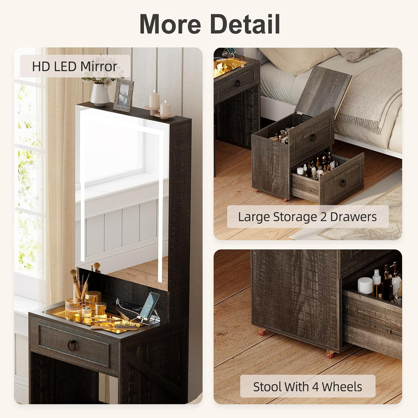 Makeup Vanity Desk with Mirror and Lights,Small Vanity Desk Set with Charging Station & Glass Top,Compact Dressing Table with Jewelry Cabinet & Storage Wheel Stool for Bedroom, Rustic Brown