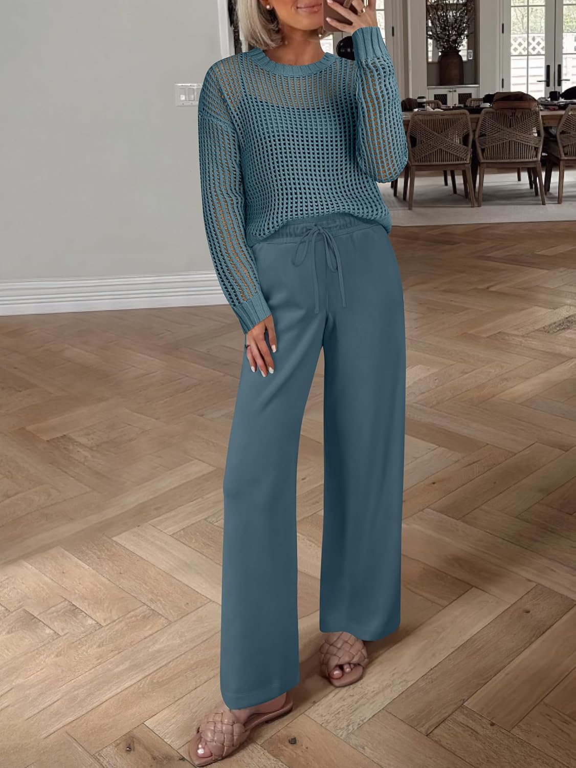 ANRABESS Womens 2 Piece Outfits Crochet Sheer Knit Sweater Top Wide Leg Pants Lounge Sets Sweatsuit 2025 Fall Travel Clothes