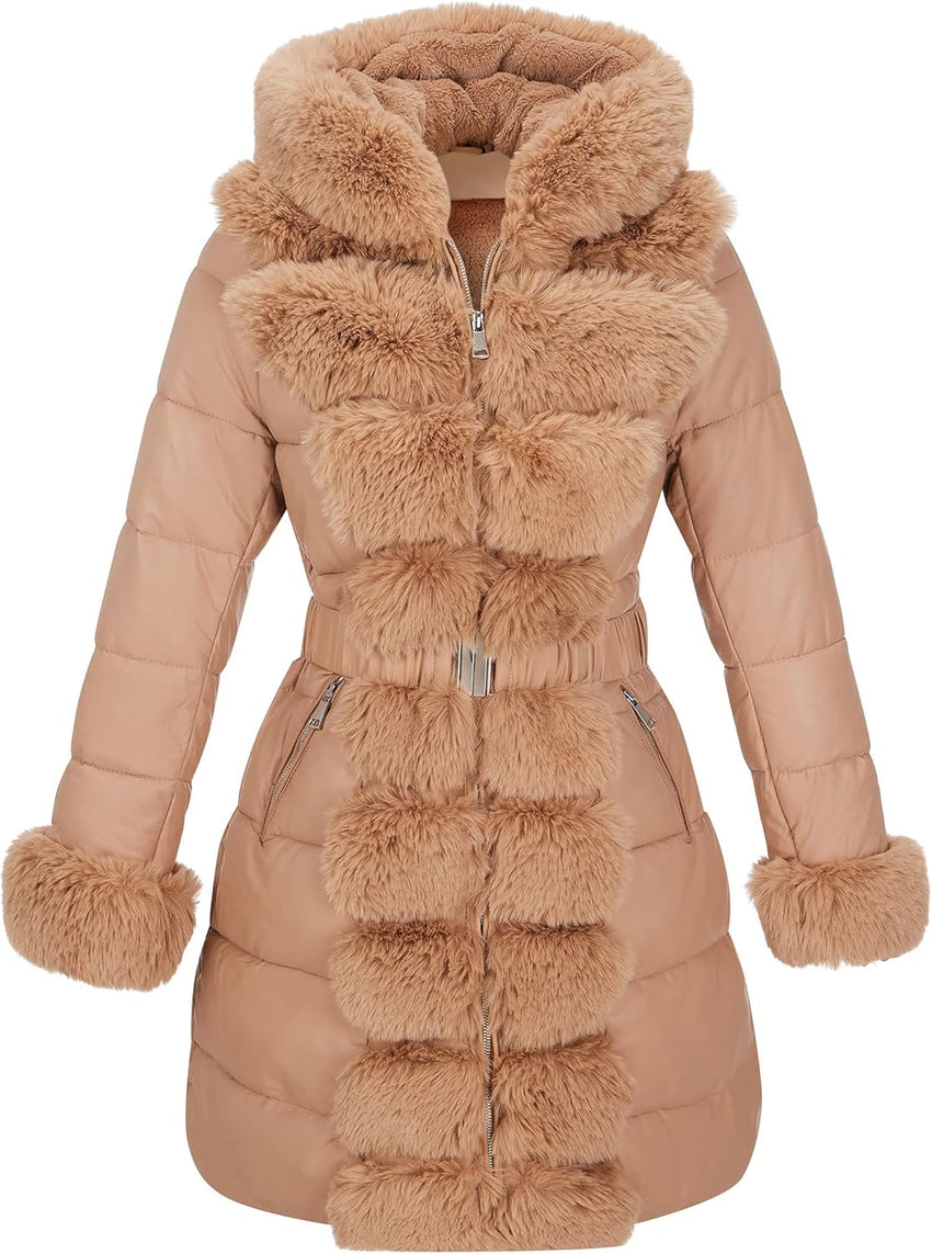 RISISSIDA Women Winter Fur Lined Coat,Puffer Jacket with Long Fur Trim Hooded,Warm Leather Bubble Overcoat Cold-resistant