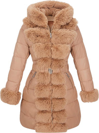 RISISSIDA Women Winter Fur Lined Coat,Puffer Jacket with Long Fur Trim Hooded,Warm Leather Bubble Overcoat Cold-resistant