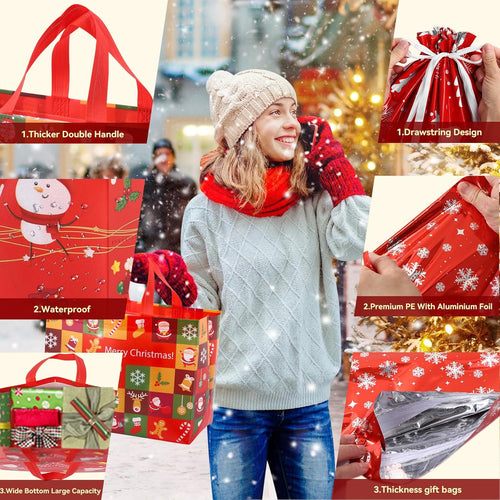 PARTTELY 30 Pack Drawstring Christmas Gift Bags Assorted Sizes Reusable Christmas Tote Bags Gifts Wrapping (22 Pack Drawstring Bags 8 Pack Tote Bags)
