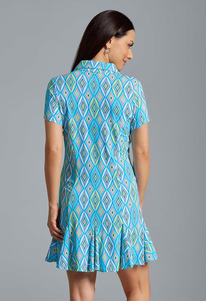 IBKUL Athleisure Wear Sun Protective UPF 50+ Icefil Cooling Romina Print Short Sleeve Godet Dress - 69931
