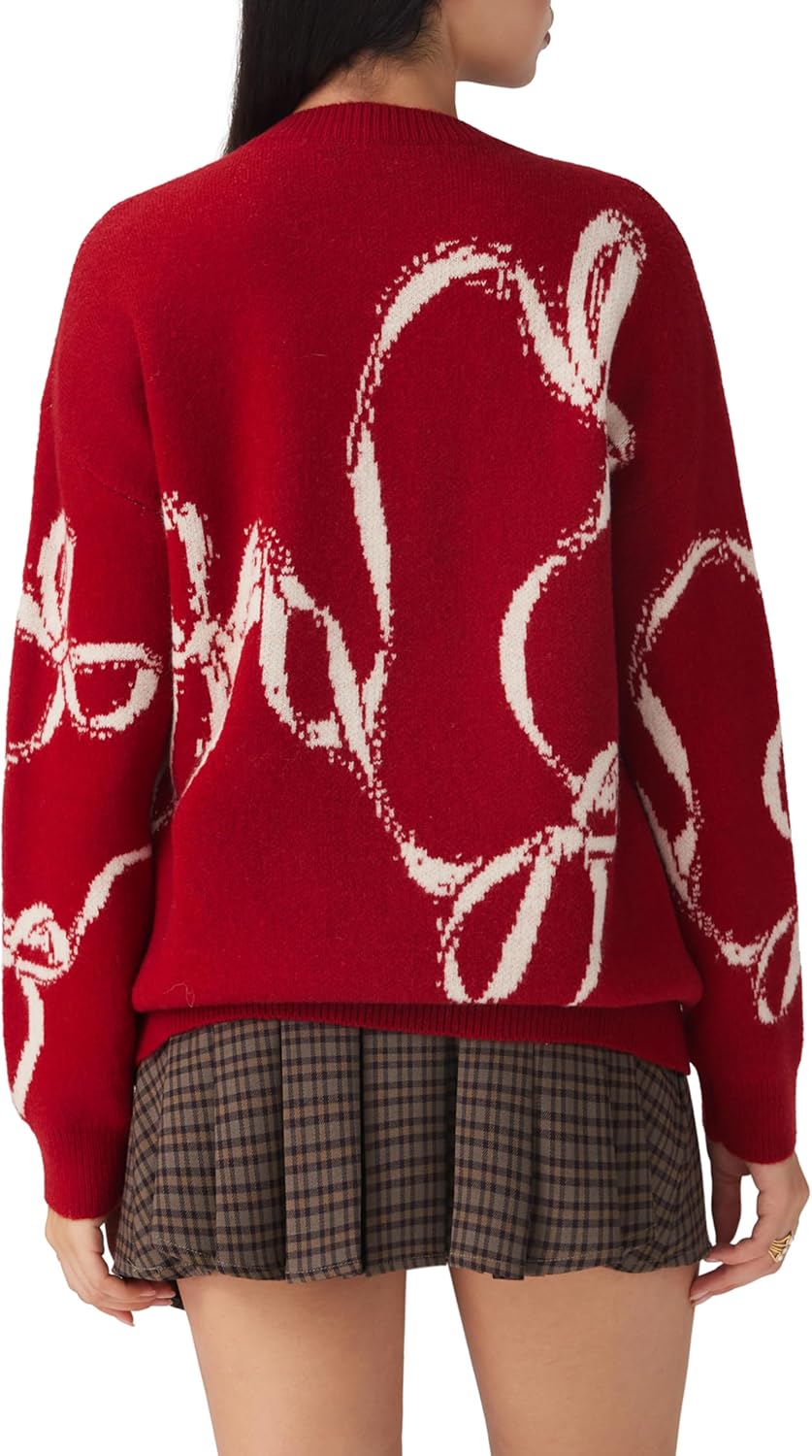 CIDER Womens Sweater Bow Knot Cute Y2k Long Sleeve Crew Neck Pullover Tops