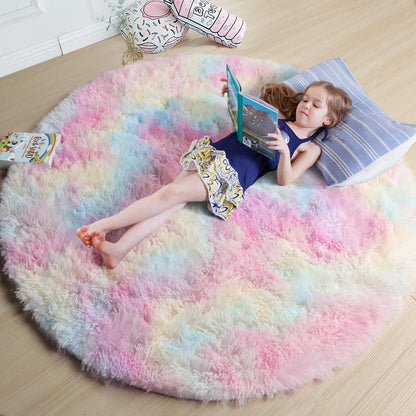 Amdrebio Light Pink Round Rug 4Ft for Girls Bedroom, Fluffy Circle Area Rugs for Kids Room Decor Aesthetic, Cute Shag Fuzzy Carpet for Nursery, Preppy Dorm, Classroom, Playroom, Teen, Baby, Washable