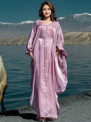 Elegant Butterfly Shine Abaya Dress, Dusty Rose, V-Neck Muslim Dress with Crystal Hand Beading, Kaftan Style, One-Size