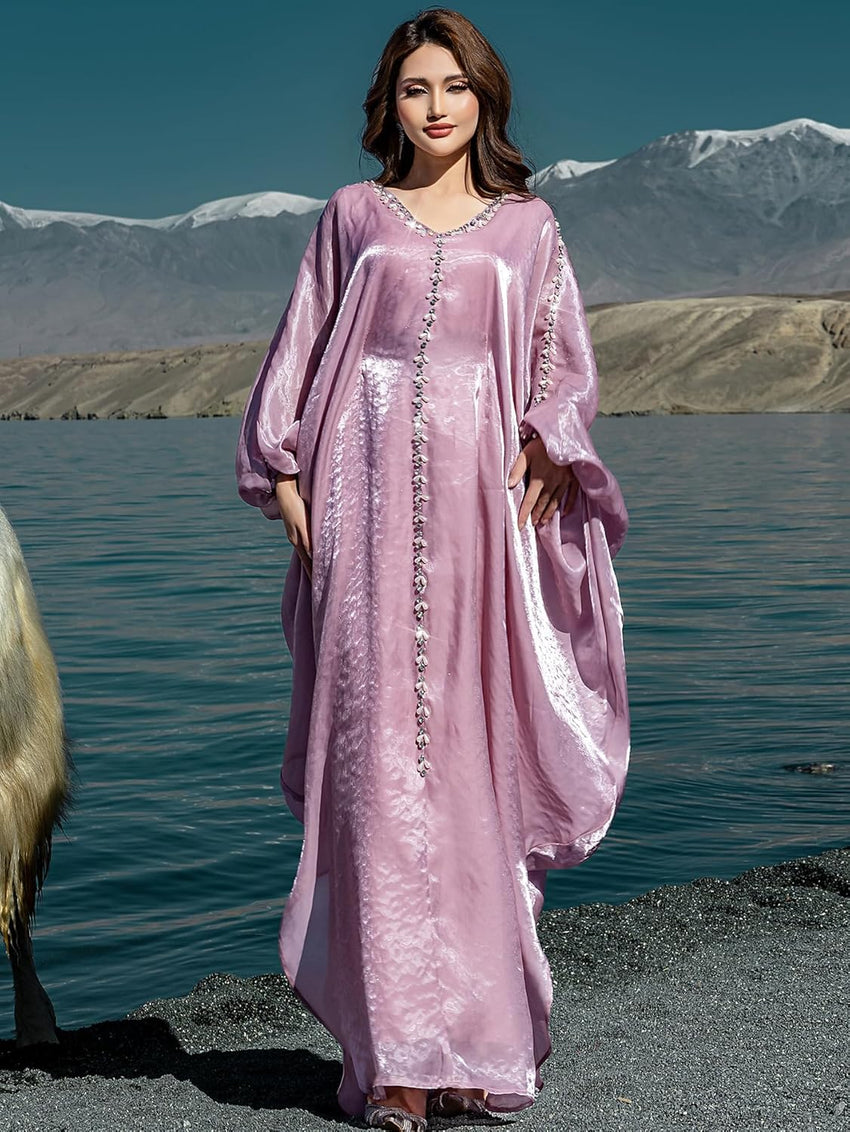 Elegant Butterfly Shine Abaya Dress, Dusty Rose, V-Neck Muslim Dress with Crystal Hand Beading, Kaftan Style, One-Size