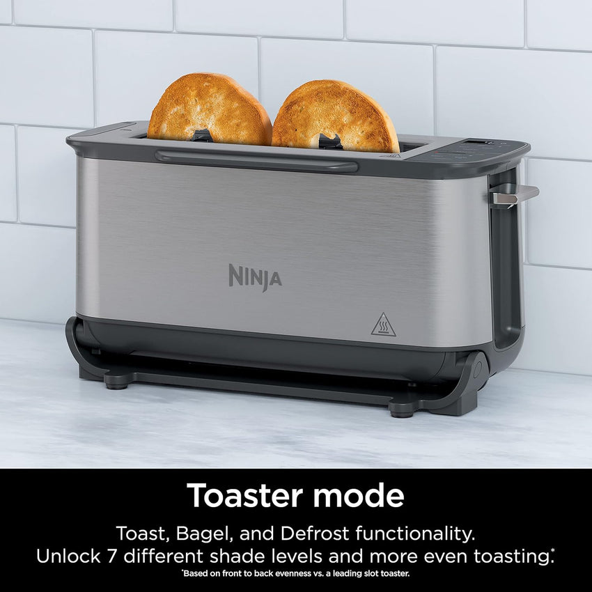 Ninja ST101 Foodi 2-in-1 Flip Toaster, 2-Slice Capacity, Compact Toaster Oven, Snack Maker, Reheat, Defrost, 1500 Watts, Stainless Steel, 6 Functions