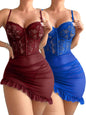 Sexy Corset Bodycon Ruffle Sheer Underwire Mesh Lace Floral Outfits Babydoll Lingerie Set Dress with Thong 2 Piece