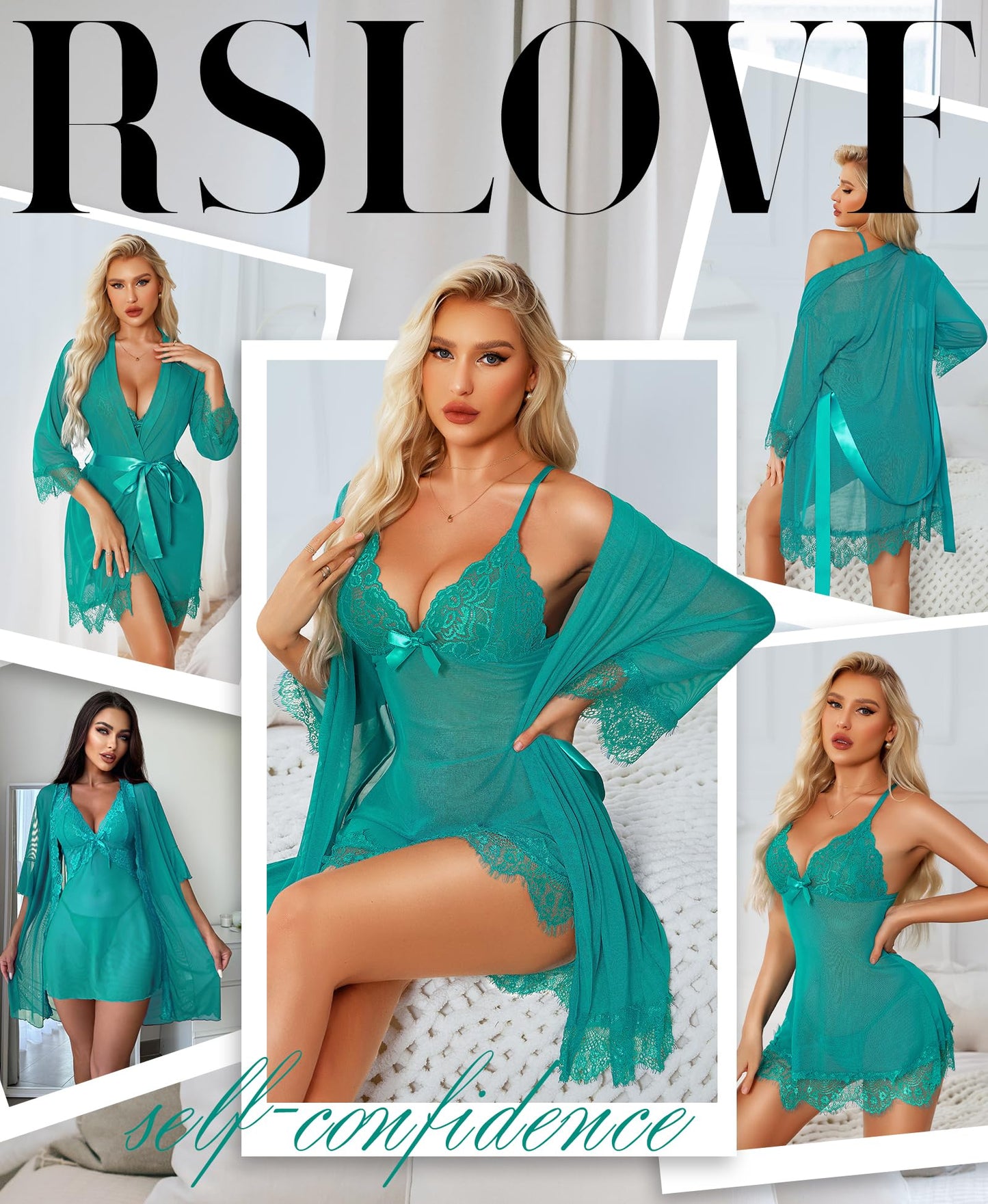 RSLOVE Women Sexy Lingerie Set 3 Piece Babydoll & Lace Kimono Robe Strap Chemise Mesh Nightgown Wine Red M