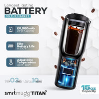 TITAN Heated Coffee Mug, 15 oz. 15 Hour Battery Life, Self-Heating, Battery Powered, Adjustable Temperature, LCD Screen, Portable Charger, Great for Coffee and Tea Lovers (Black)
