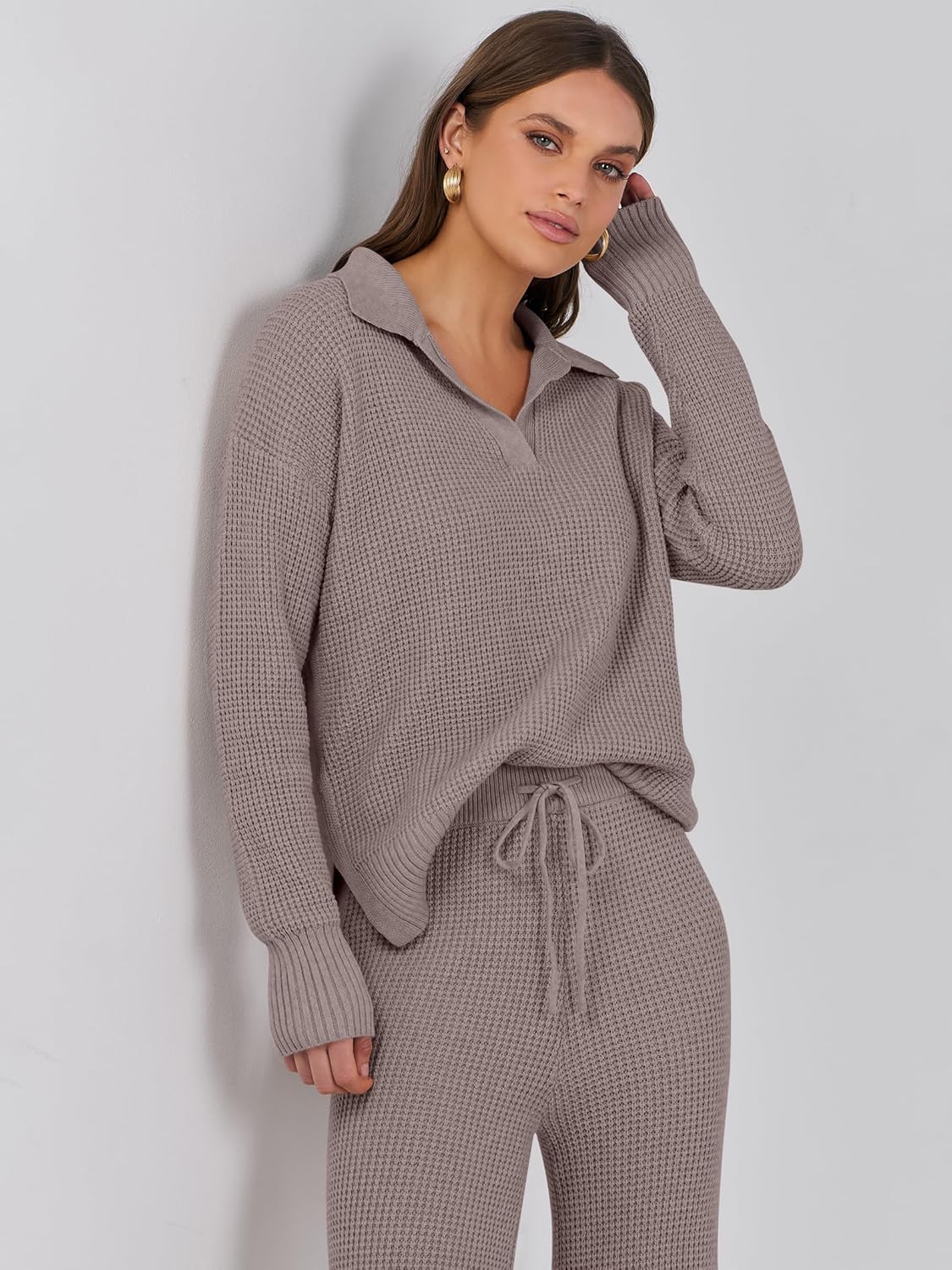 ANRABESS Women Two Piece Outfits Sweater Sets Lounge Waffle Knit Pullover Matching Wide Leg Pants Tracksuit 2025 Fall Fashion