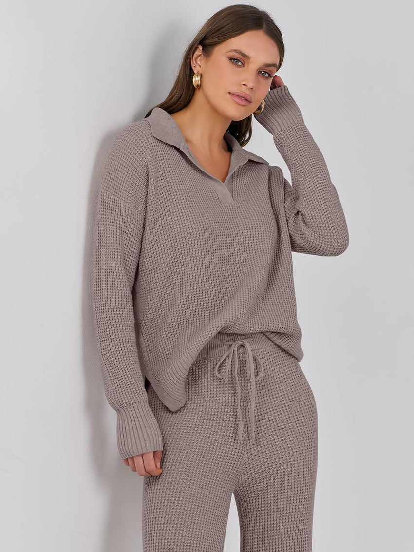 ANRABESS Women Two Piece Outfits Sweater Sets Lounge Waffle Knit Pullover Matching Wide Leg Pants Tracksuit 2025 Fall Fashion