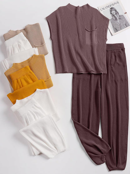 ANRABESS Women's Two Piece Outfits Knit Sweater Vest Crop Top Pants Lounge Matching Tracksuit Sweatsuit Travel Clothes Sets